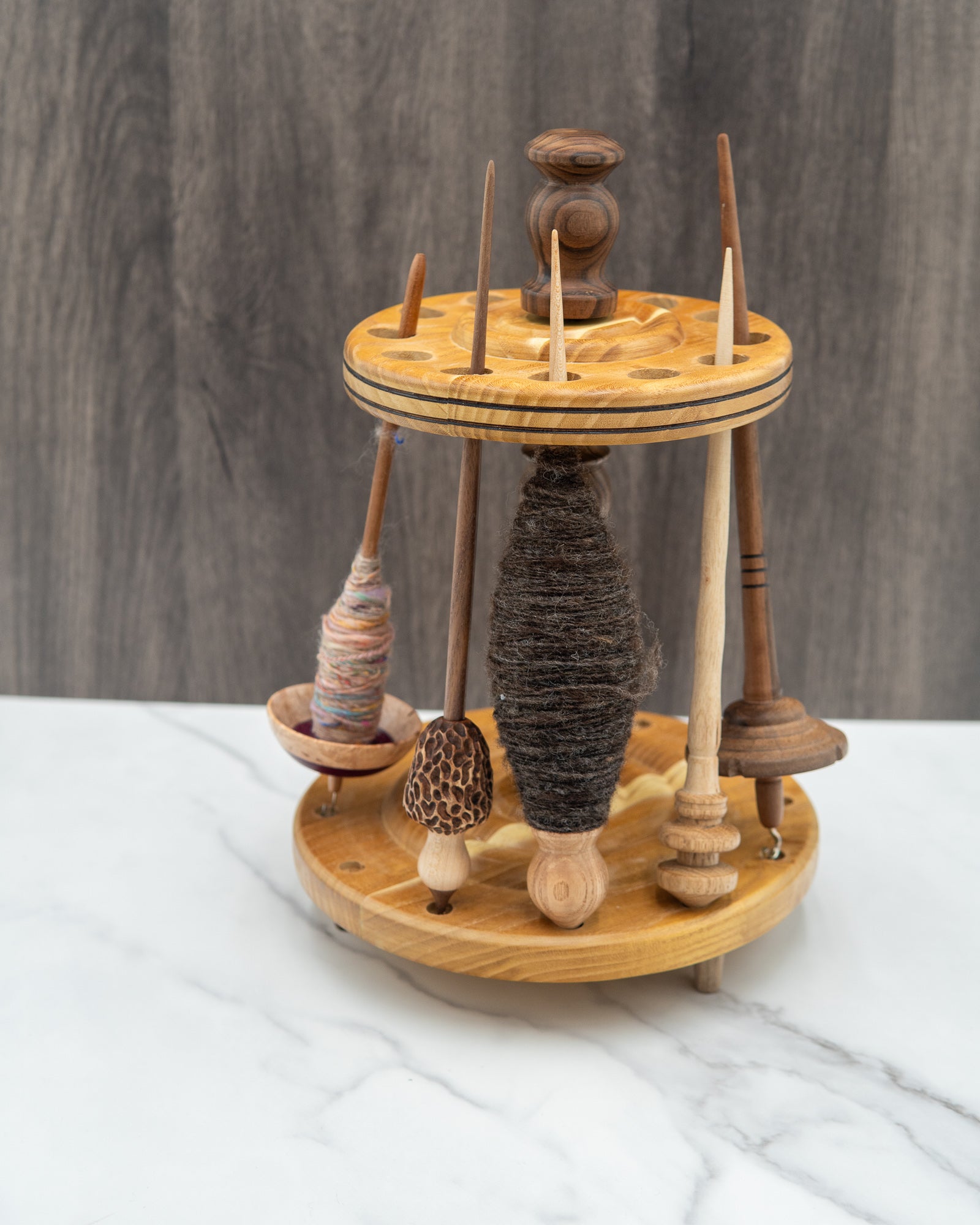 Spindle stand for 12 spindles - Mixed woods in walnut and pear