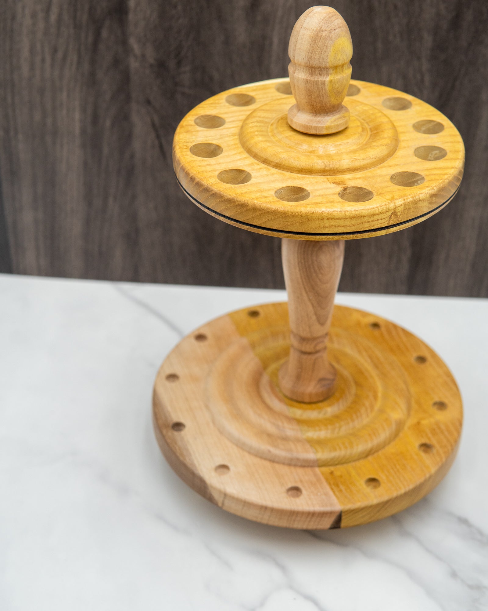 Spindle stand for 12 spindles - Mixed woods in mulberry and gray walnut