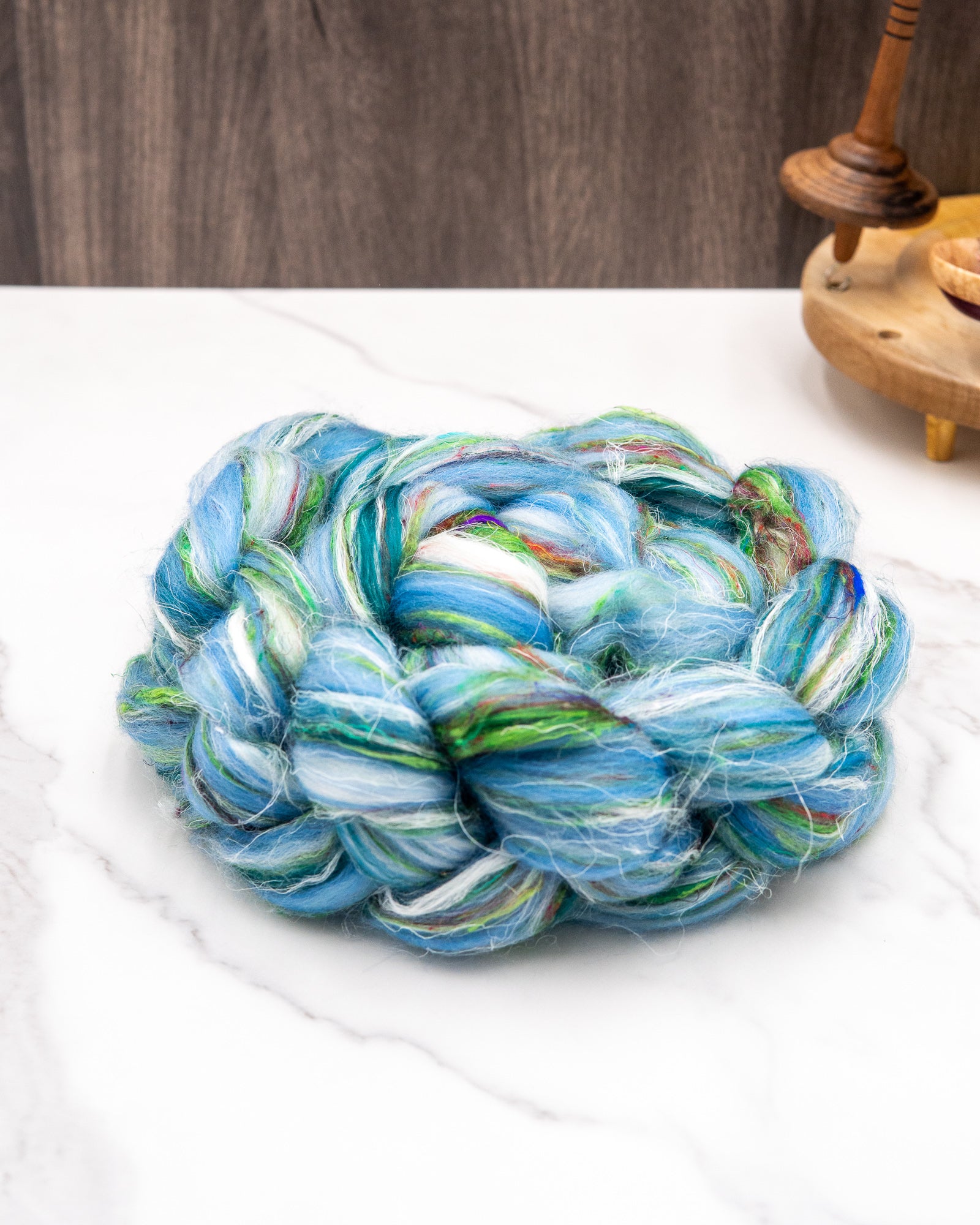 California Bluebell - 57/14/14/14 Corriedale/Flax/Sari/Mulberry -  Mill-blend combed top