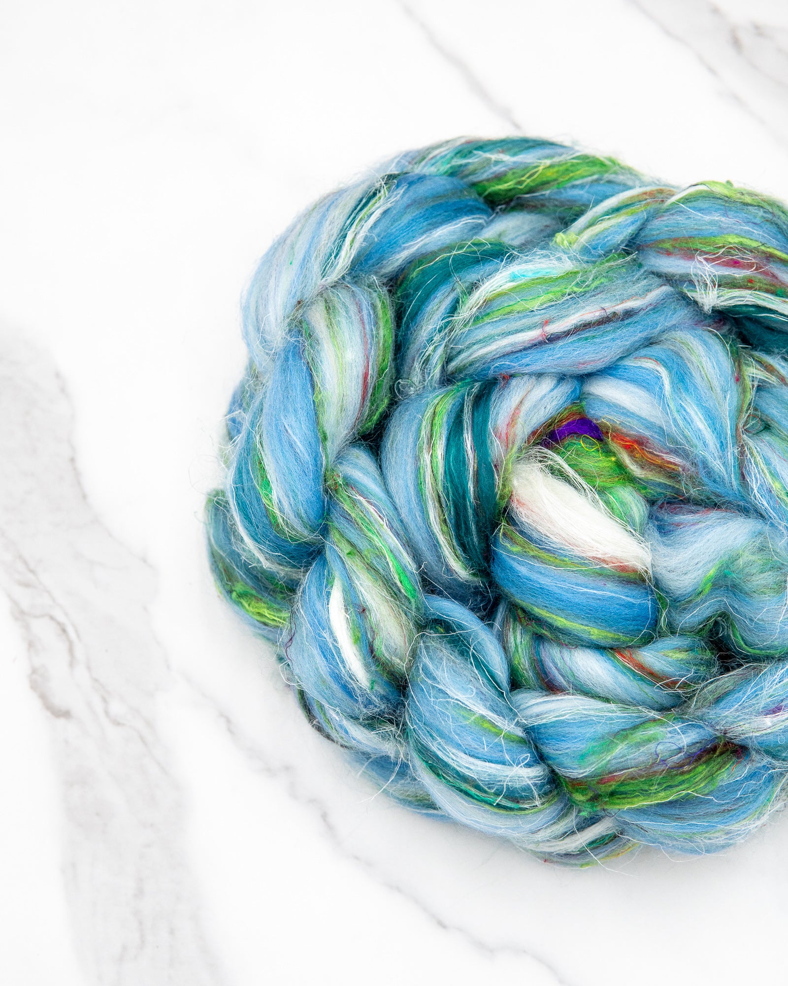 California Bluebell - 57/14/14/14 Corriedale/Flax/Sari/Mulberry -  Mill-blend combed top