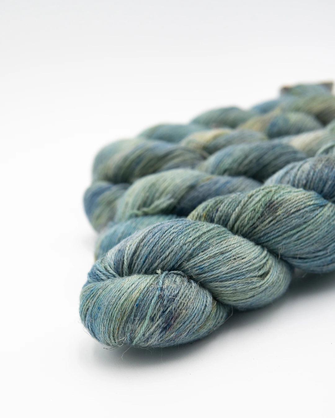 "The Girl Who Fell From the Sky" colorway of this yarn. It's blue with speckles.