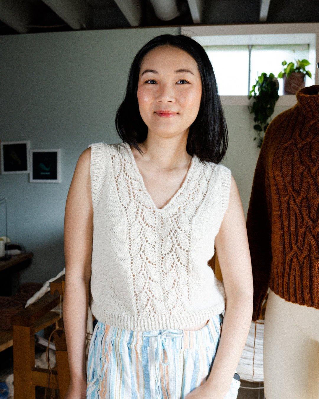 Oolong Tank lace knitting pattern shown in white - Aimee Sher Makes