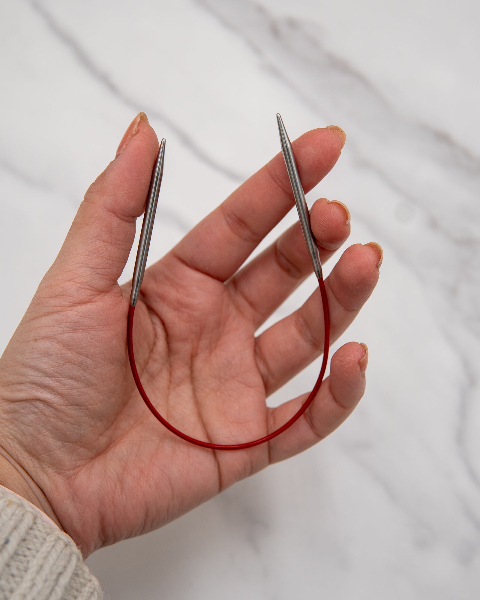 Small Circumference Circular Knitting Needles - Stainless steel with red cables (9" / 23 cm)