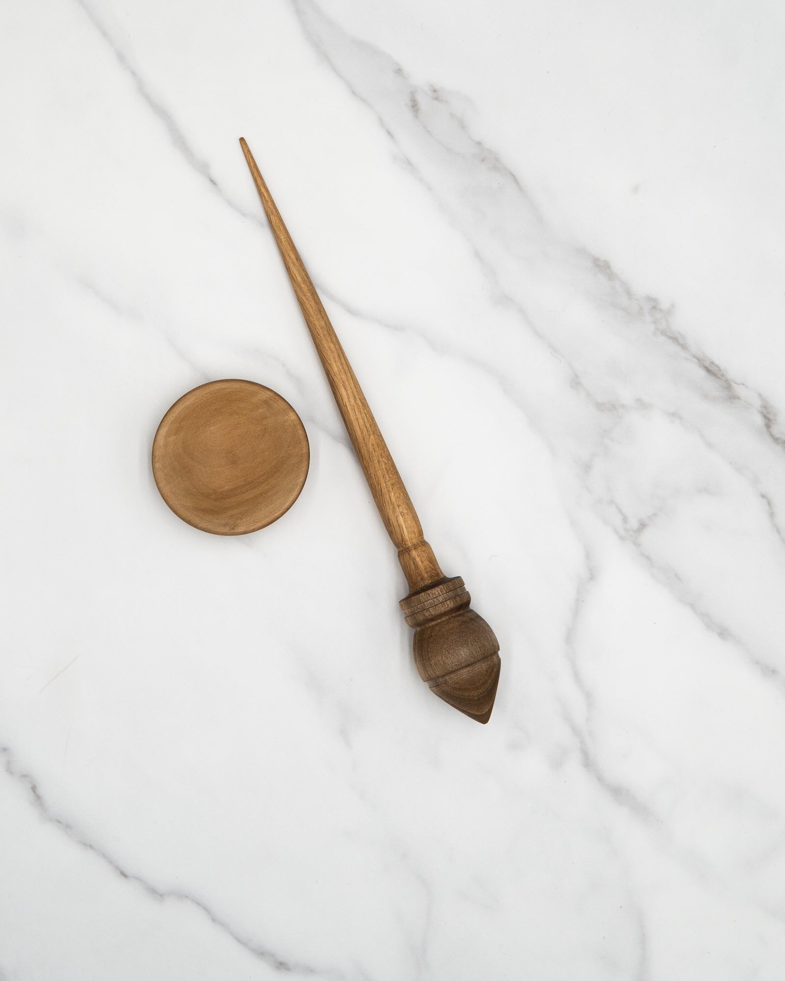 Oak and walnut support spindle, with pear bowl