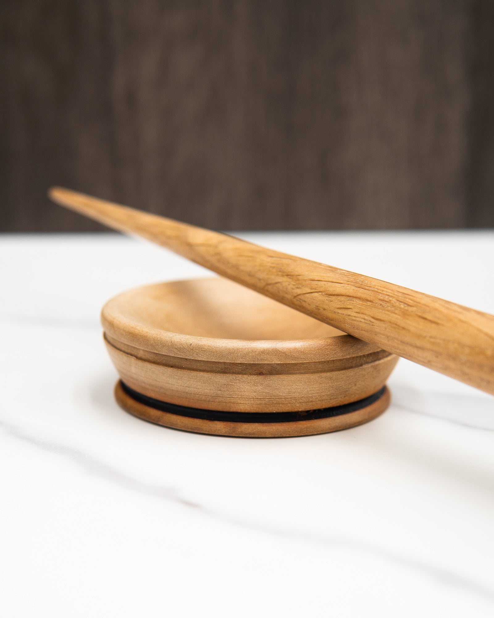 Oak and walnut support spindle, with pear bowl