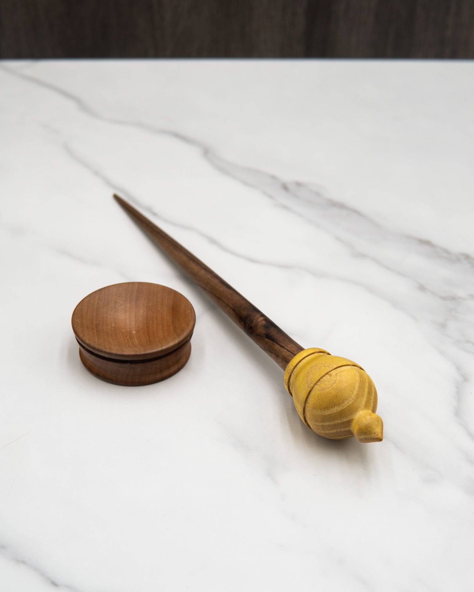 Mulberry and walnut support spindle, with pear bowl set