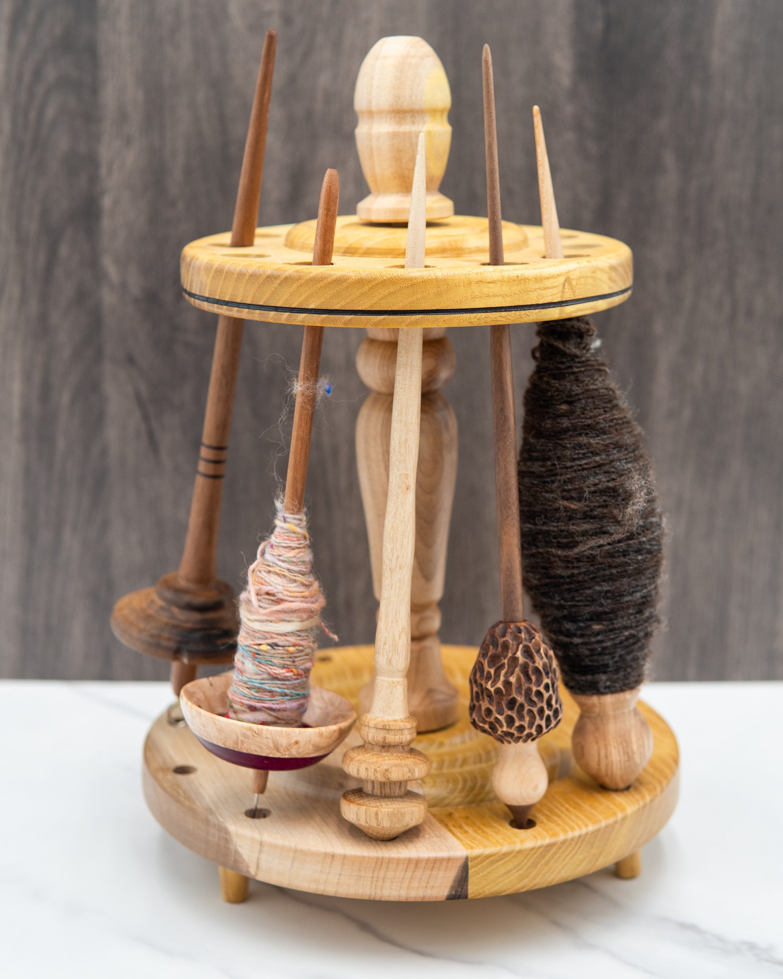 Spindle stand for 12 spindles - Mixed woods in mulberry and gray walnut