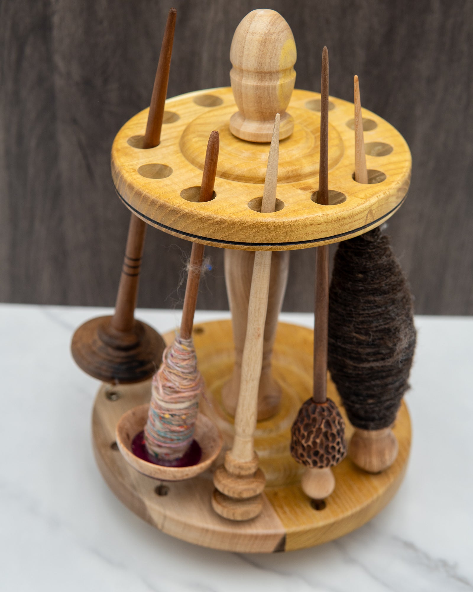 Spindle stand for 12 spindles - Mixed woods in mulberry and gray walnut